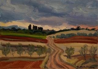 View from Velo, Dusk — Oil painting, Canvas, 33.00×46.00cm — Theodoros Markellos